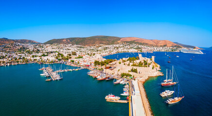 The Bodrum Castle and marina aerial panoramic view in Turkey