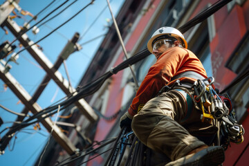 A worker uses climbing equipment to scale a utility facility for electrical repairs. Electrician on the building
