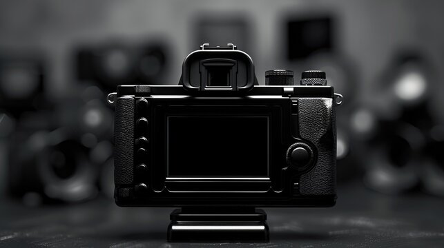 A classic black and white camera with worn leather strap