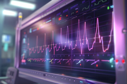 Advanced ECG monitor displaying hospital vital signs up close
