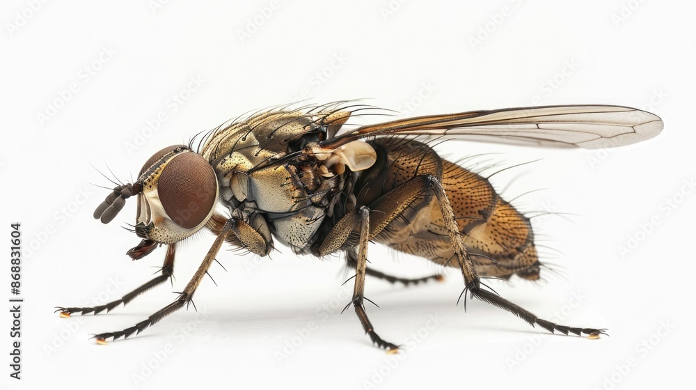 Poster a close-up view of a fly sitting on a white surface