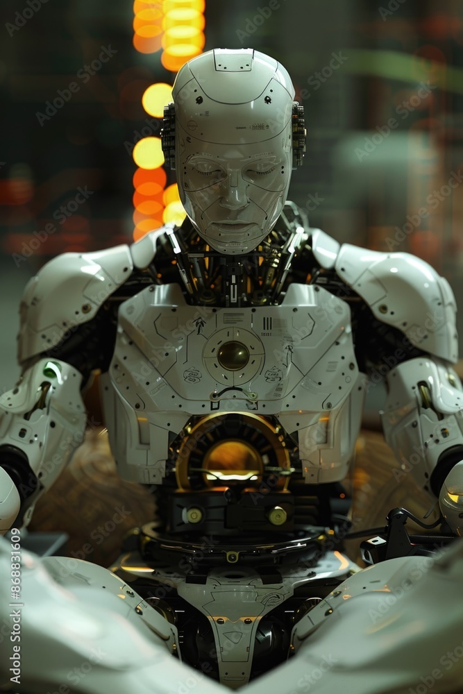 Aufkleber A close-up view of a robot sitting on a table, providing an intimate look at its design and details
