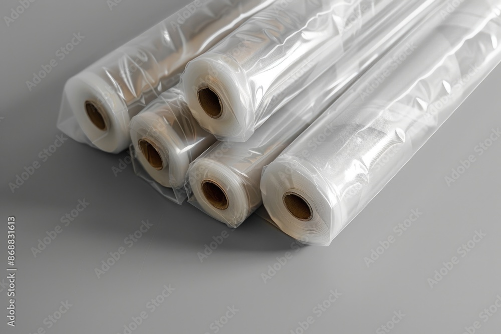Poster a collection of plastic rolls sitting on a table, possibly used for wrapping or storing items