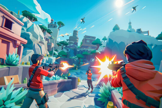 Video game mockup, first person shooter gameplay. Cover of an action game or shooter
