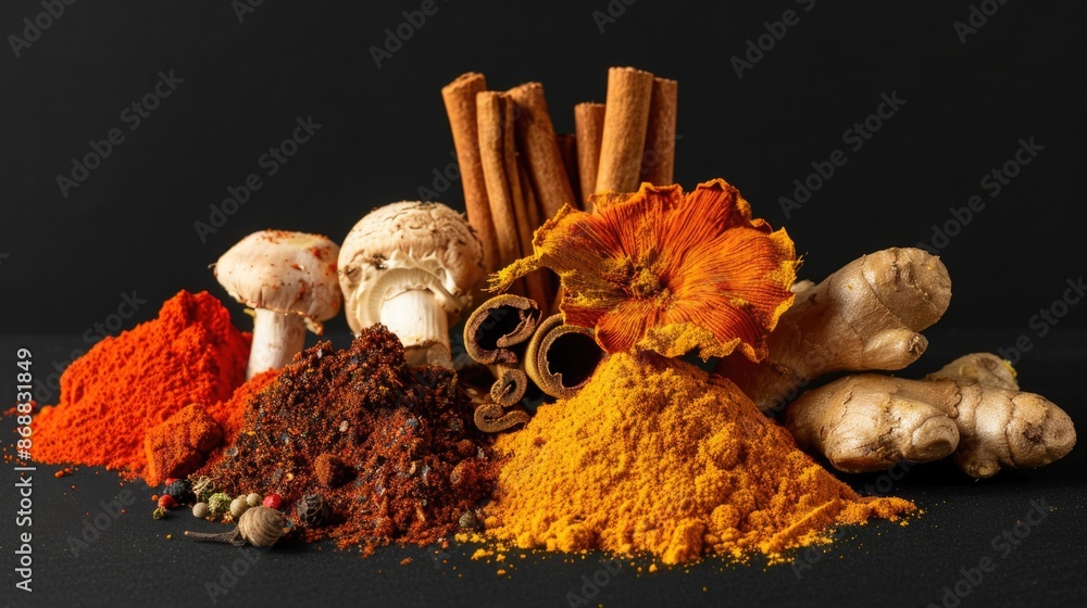 Poster a selection of spices and seasonings arranged on a table