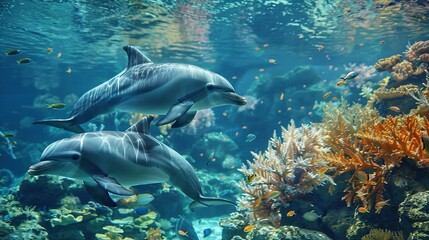 Obraz premium Underwater Vignette: Two Dolphins Swimming Around Coral Reef with Fish and Sea Plants