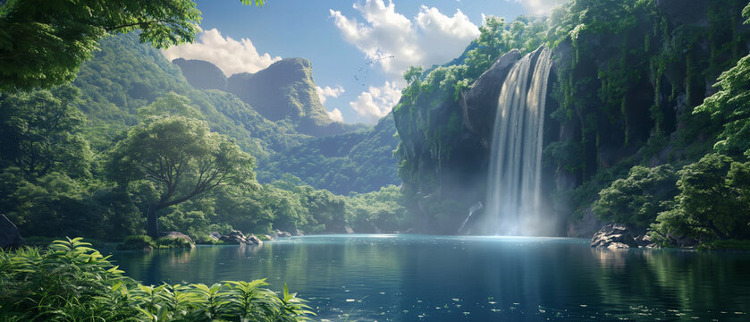 Tranquil Lake with Waterfall and Volcano View