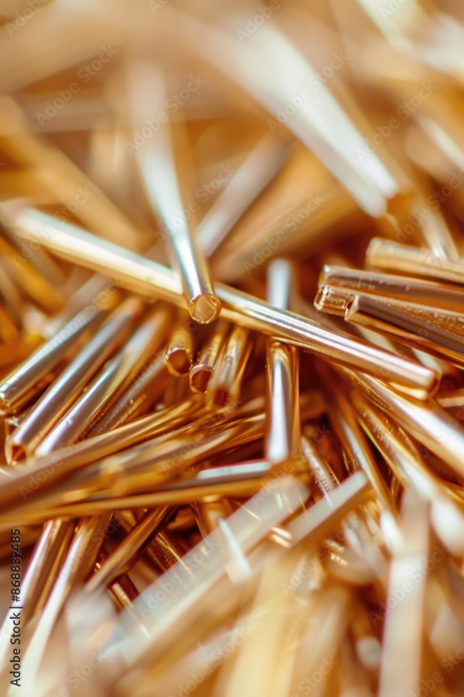 Poster close-up shot of a pile of metal pins with varying lengths and textures