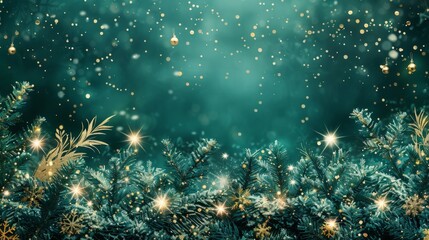 Fototapeta premium Festive Christmas tree branches decorated with golden ornaments and sparkles against a blurred background.