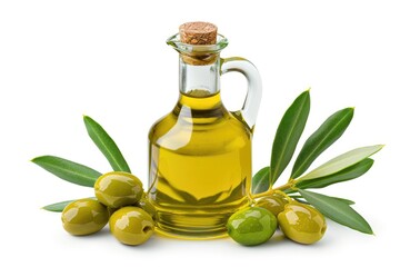 A bottle of olive oil sits next to a selection of green olives, ideal for garnishing dishes or serving as a snack