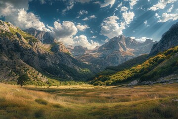 Fototapeta premium A serene landscape of a valley surrounded by mountains