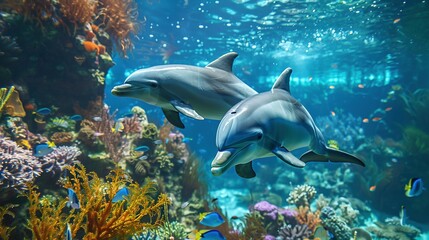 Aquatic Scene: Two Dolphins Swimming Around Coral Reef with Fish and Sea Plants Underwater