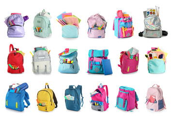 Set of many school backpacks on white background