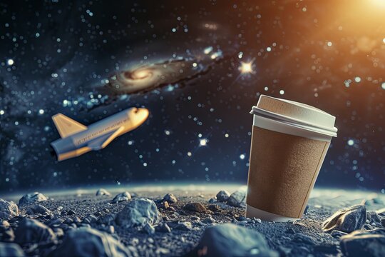Empty coffee cup on rocky surface, looks alien, with spaceship flying by and galaxy backdrop. Generative AI