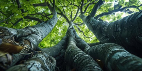 Fototapeta premium A cluster of trees stands tall in the woods, surrounded by foliage and natural scenery