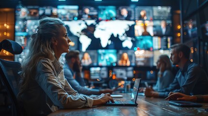 Businesspeople do Video Conference Call with Big Wall TV in Office Meeting Room.