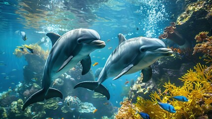 Fototapeta premium Underwater View of Two Dolphins Swimming Around Coral Reef with Fish and Sea Plants