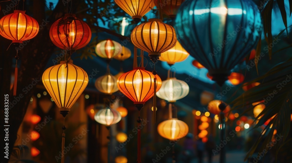 Poster Outdoor lighting installation on tree branch with multiple lanterns