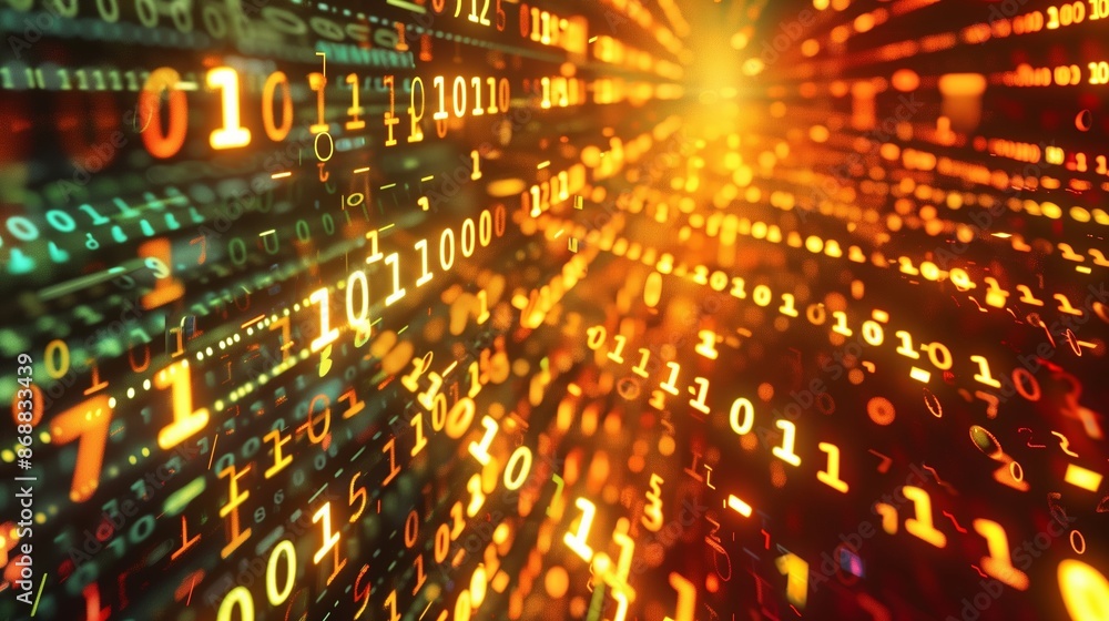 Poster dynamic tech background with binary code and digital elements, perfect for modern presentations or w