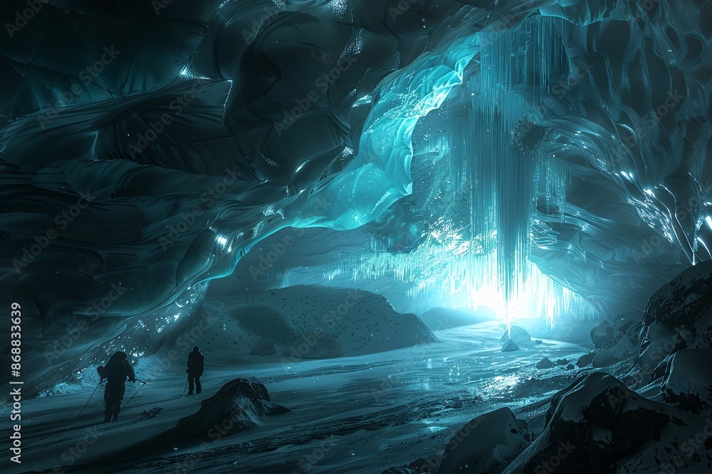 Aufkleber two explorers stand in awe of a stunning glacial cave, illuminated by a mesmerizing display of glowi