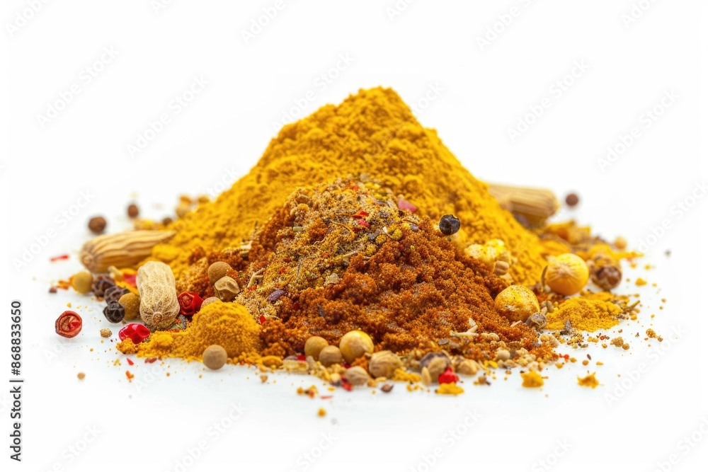 Poster a collection of various spices on a white background, ready for use in cooking or as a decorative ac