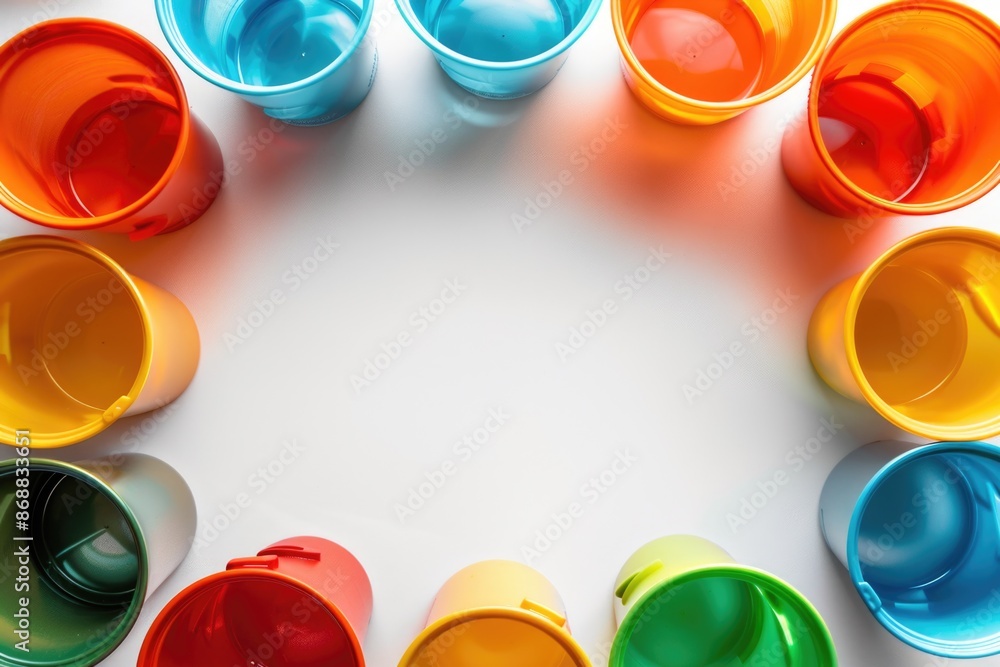 Poster a stack of colorful cups on a white surface