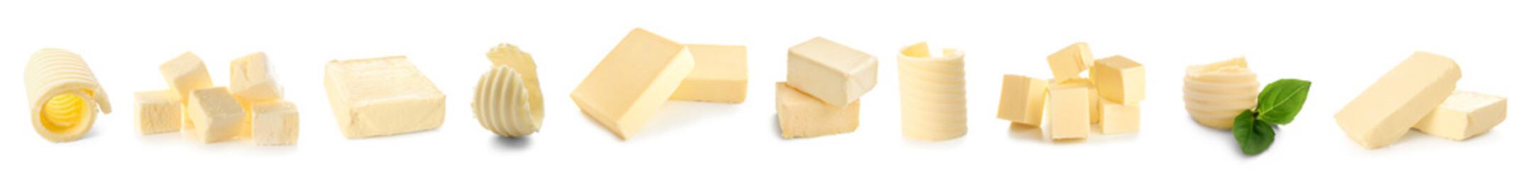 Collage of fresh butter on white background