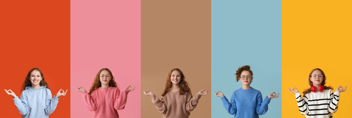 Fototapeta premium Set of relaxed young woman meditating on color background