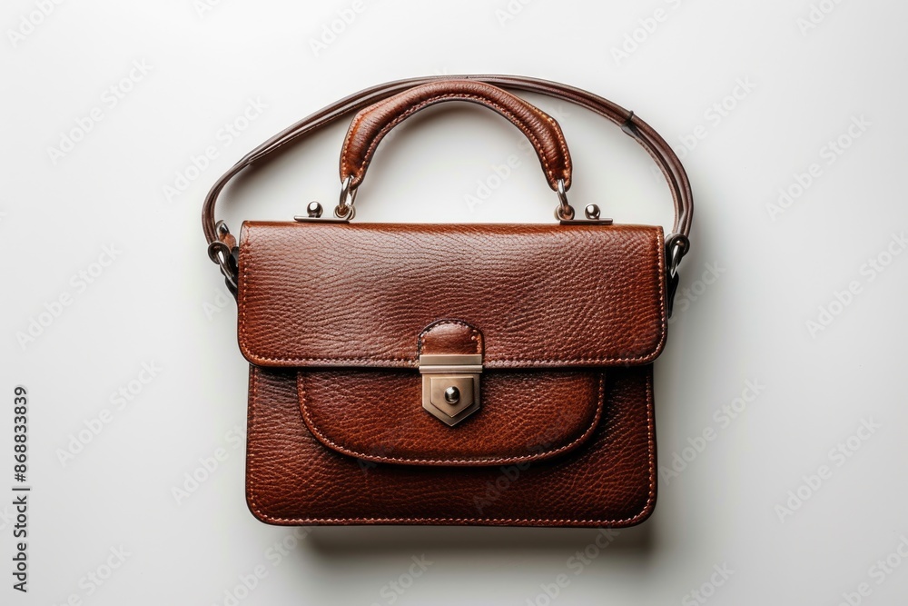Poster a brown purse with a metal handle on a white surface, suitable for use in product photography or as 