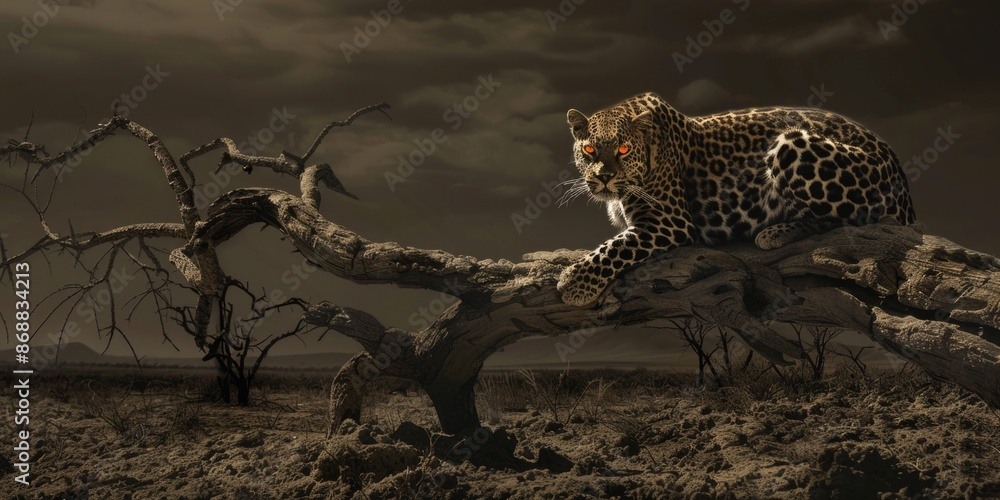 Poster A leopard resting on a tree branch, with leaves and branches surrounding it