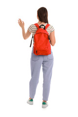Female student with backpack on white background, back view