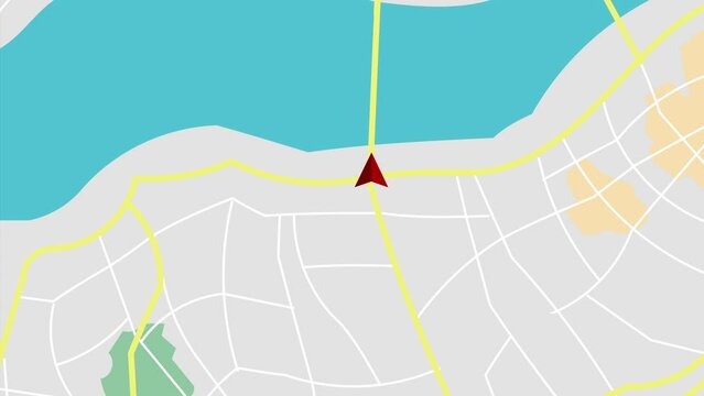 GPS tracking on a city map. Arrow moving on a map, Route, location, destination, navigation concepts. 4k animation.