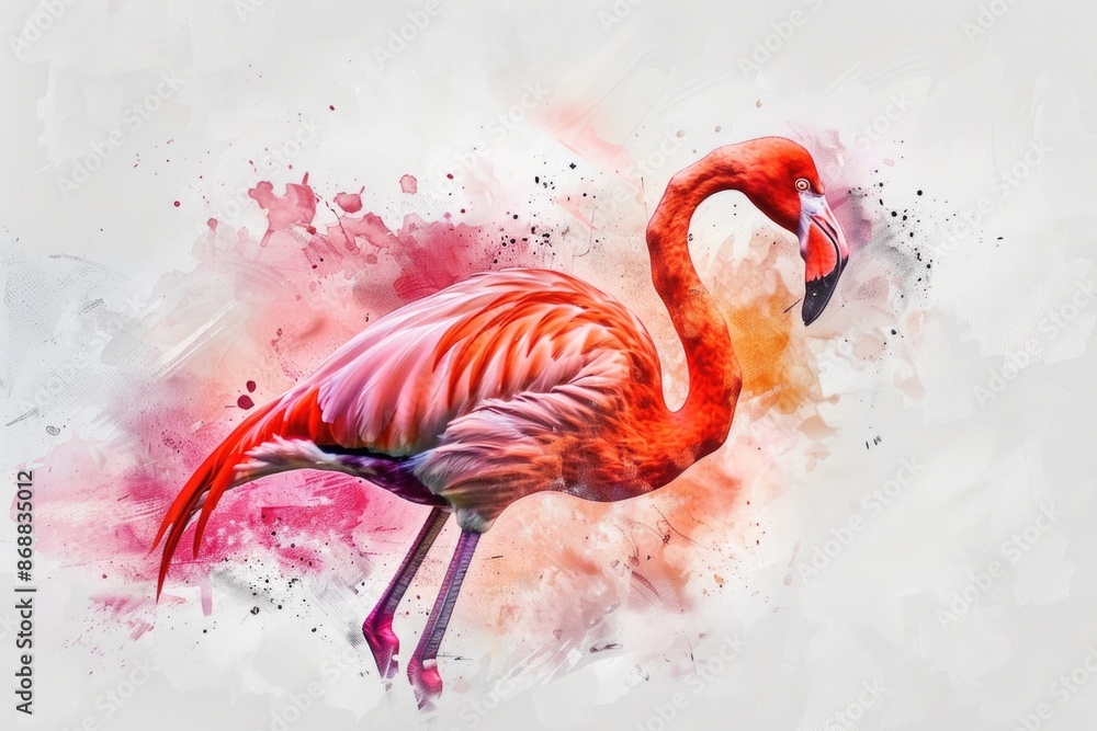 Poster a pink flamingo standing on a white surface, great for use in design or photography projects