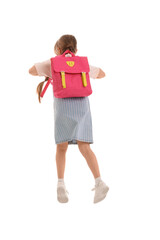 Little schoolgirl with backpack jumping on white background, back view