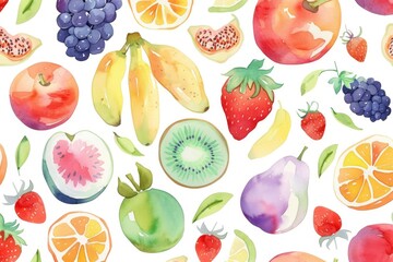 A colorful arrangement of various fruits on a table, perfect for use in cooking, health, or lifestyle illustrations