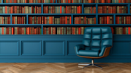 Intellectual office bookshelf, cozy chair, classic study style, inspiring mood soft ambient lighting