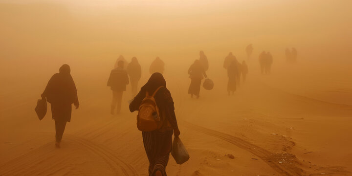 back view of people flee from a sandstorm