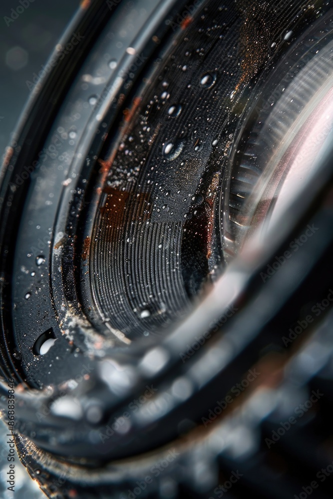 Poster A close-up shot of a camera lens covered in water droplets, perfect for use as a texture or background element