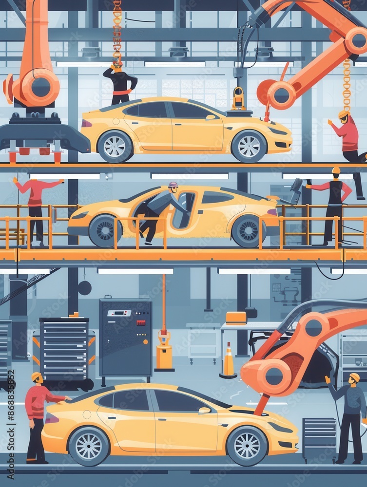 Poster illustration of robots and workers on a car assembly line showcasing the integration of advanced tec