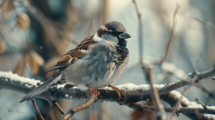 Naklejka premium A small bird perches on a snowy branch, providing a cozy winter scene