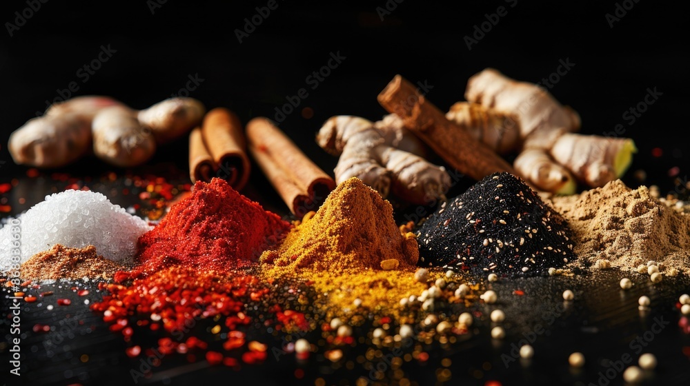 Poster A selection of various spices arranged on a dark surface