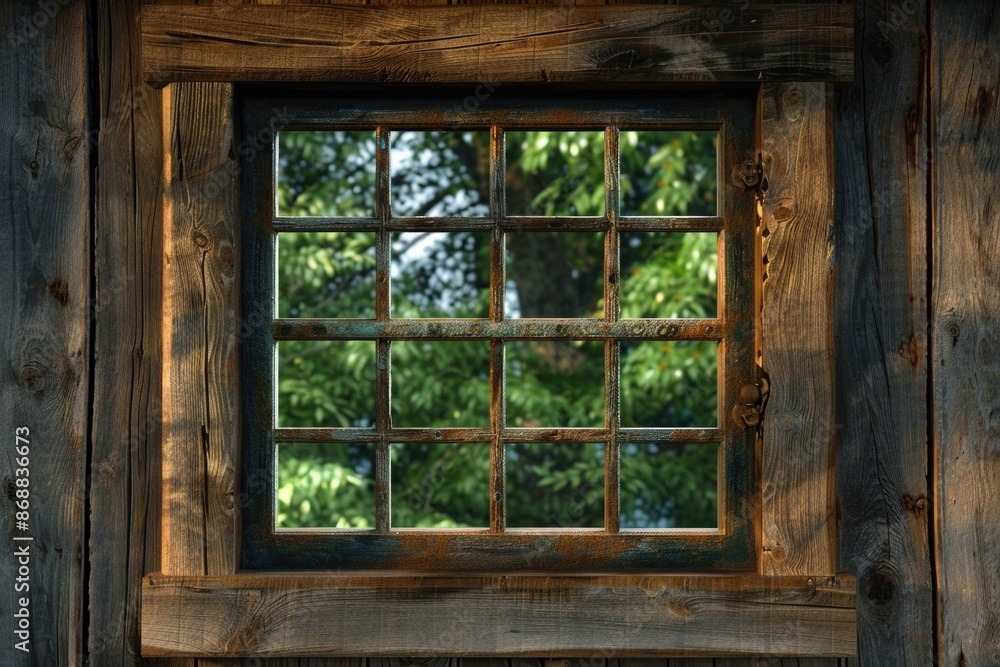 Poster a close-up shot of a wooden building's window, great for use in interior design or architecture proj