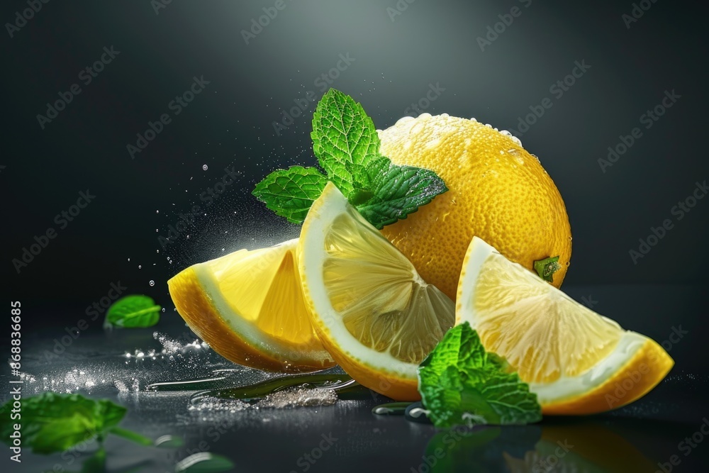 Aufkleber freshly sliced lemon with sprigs of mint on a table, great for adding a touch of green to your kitch