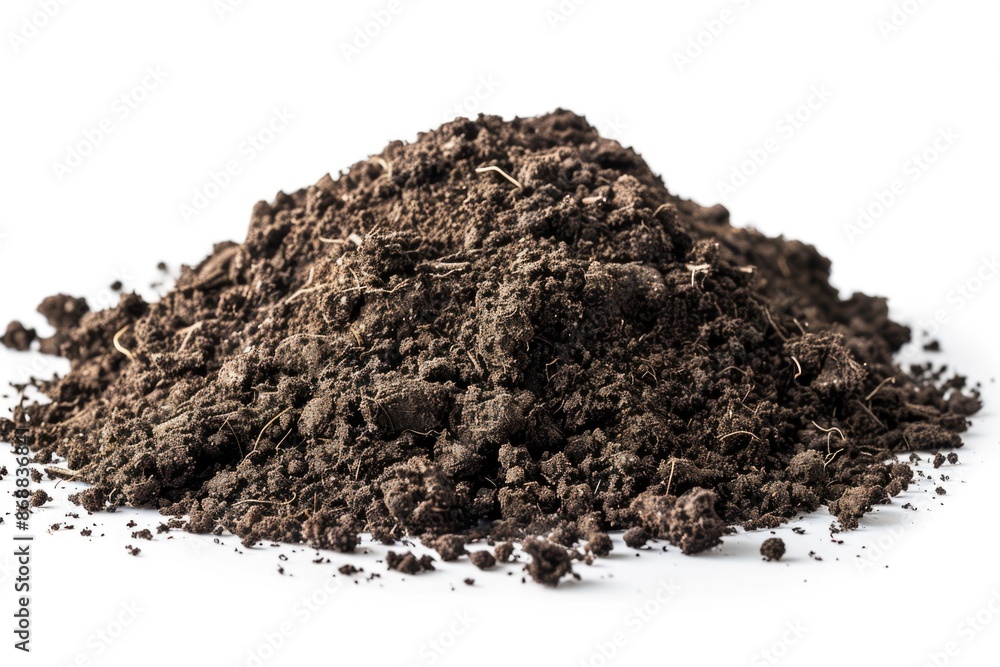 Poster a messy pile of dirt on a clean white surface, ideal for use in presentations or graphics where you 