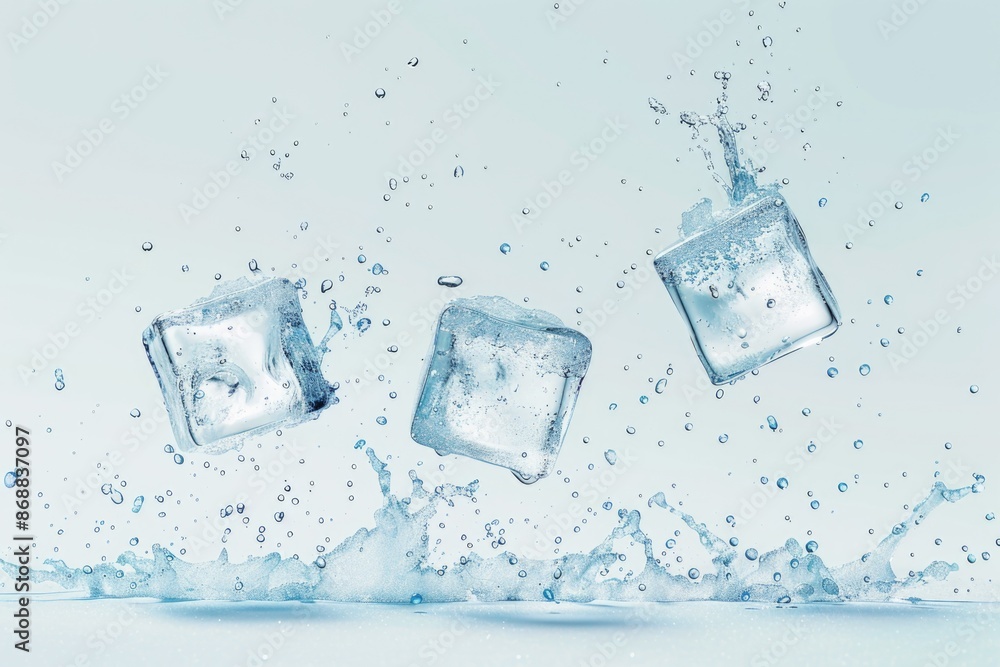 Poster frozen ice cubes dripping into a pool or lake