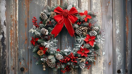 Christmas wreath with red bow, pinecones, and berries on a wooden fence background