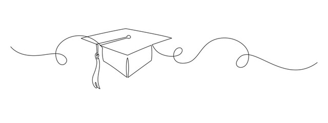 Graduation cap in One continuous line drawing. Student and college hat symbol in simple linear style. Education and academic degree concept in editable stroke. Doodle oneline vector illustration