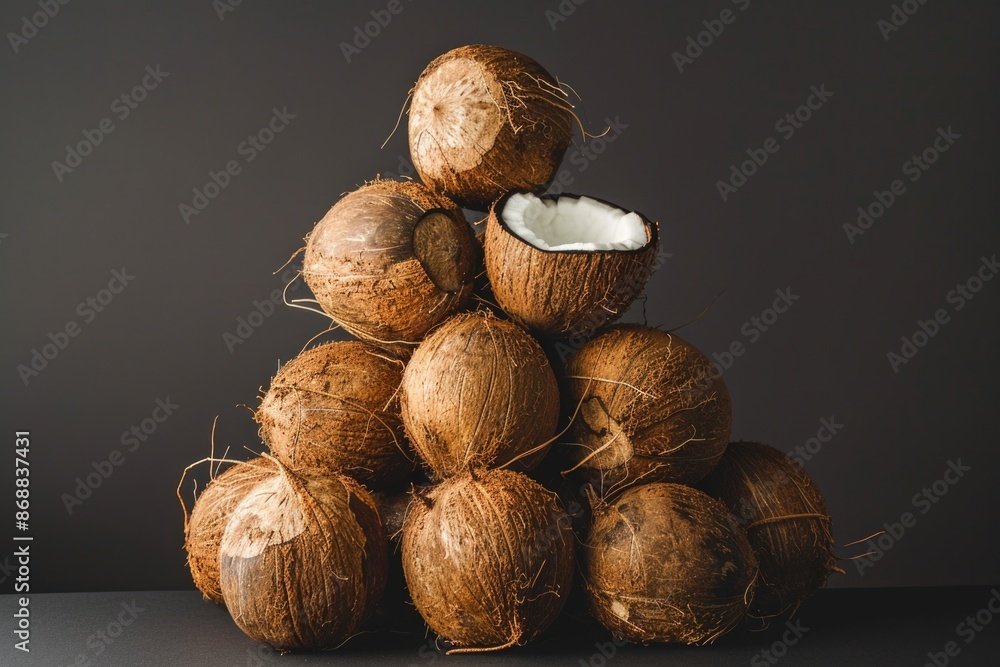 Poster A pile of coconuts sitting on a table, ready for use or display