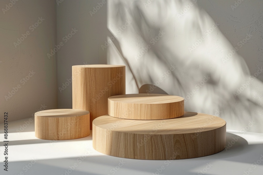 Poster A row of three wooden stools placed on a clean white surface, perfect for various settings and uses