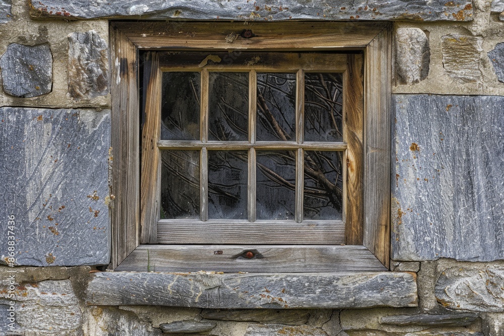 Fototapete a window in a stone building with a tree in the background